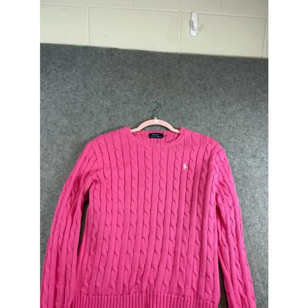 Polo Ralph Lauren Sweater Womens Medium Pink Crewneck Cable Knit Pony Preppy Y2K - Picture 3 of 8